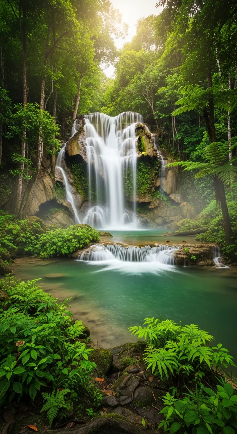 Sunlit waterfall in a lush green forest